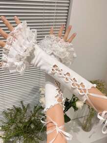 1 paar lange kanten handschoenen, Y2K-stijl strikband mouw, kledingaccessoire, schattige lieve dame vingerloze halve palm mouw, geschikt voor verkleed-/cosplay-/feestoutfit bijpassende Halloween-accessoires winterhandschoenen bruiloft Valentijnsdag