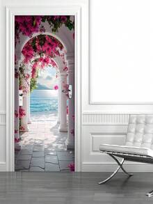 1 件现代可移除墙画门贴纸 - 白色柱廊配粉色花朵，卧室墙贴的抽象艺术海报，宁静的海岸景观设计，易于安装的纸质装饰，适用于家居装饰贴纸，个性化贴纸