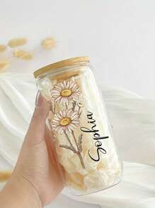1 Stück personalisierter Glas-Becher mit Deckel & Strohhalm - individuelle Eiskaffe-Tasse, Bierglas oder Trinkbehälter mit Blumendesign (rosa Rosen & gelbe Narzissen) - perfekt als Geschenk zu Geburtstagen, Feiertagen, Bridal-Shower, Weihnachten & Partys für Familie und Freunde, Glas-Accessoires