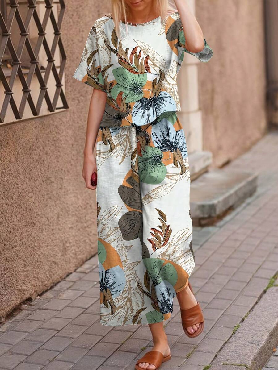 Floral Print Short Sleeve Top And Pants Set, Simple Commuter Style Fashion Outfit With Side Pockets