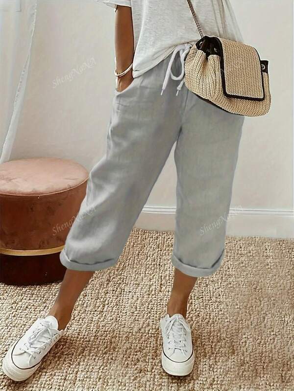 Women Plus Size Casual Solid Color Drawstring Waist 7/8 Length Pants