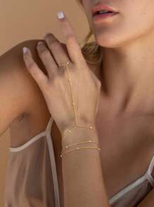 1 pieza Pulsera de cadena de enlaces con cuentas redondas doradas metálicas de varios niveles, diseño europeo americano de moda, accesorio de playa de verano para mujer