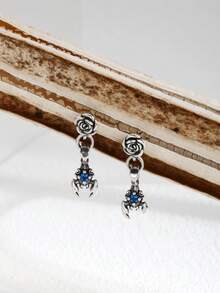 1 Par de Pendientes de Plata de Ley 925 con Flores de Rosa y Escorpión Incrustados de Cristales Vintage, Adecuados para Uso Diario de Mujeres