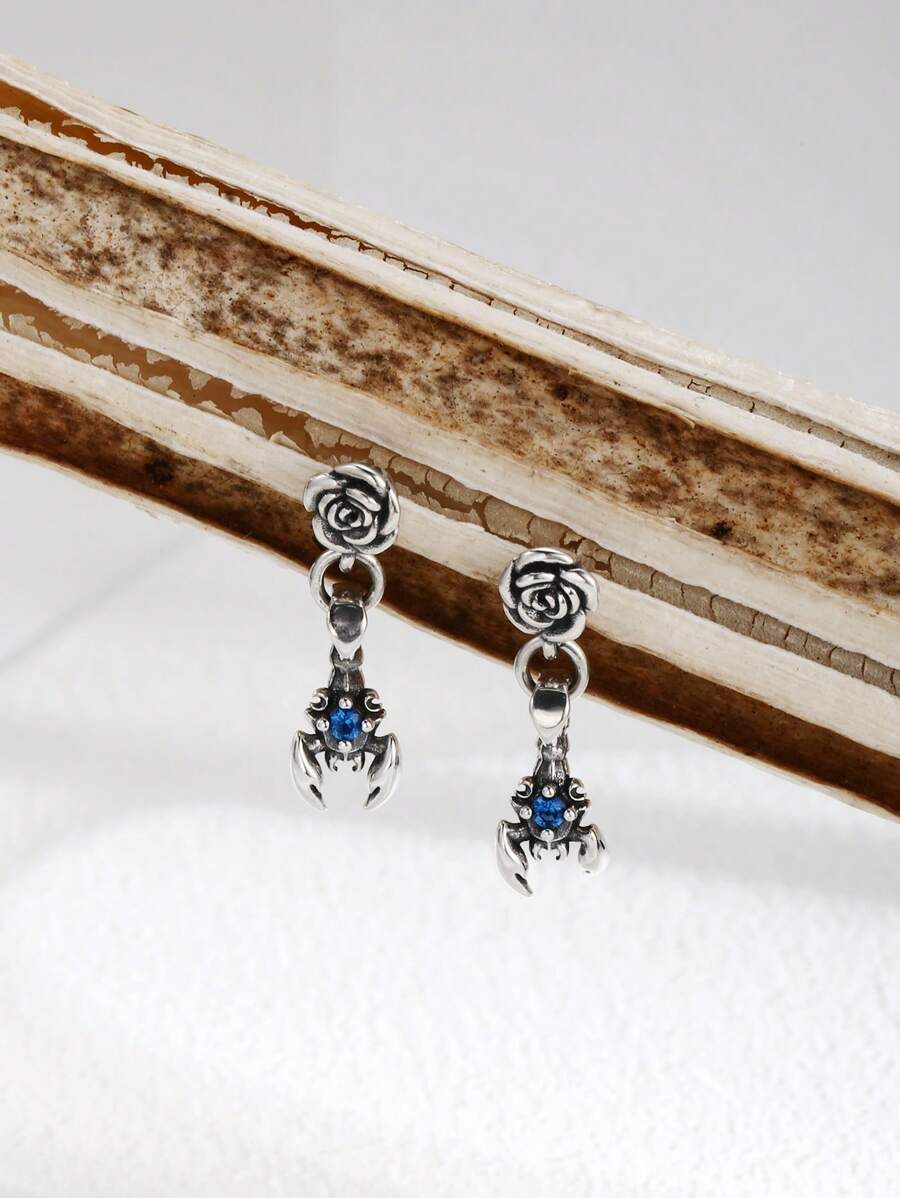 1 Par de Pendientes de Plata de Ley 925 con Flores de Rosa y Escorpión Incrustados de Cristales Vintage, Adecuados para Uso Diario de Mujeres