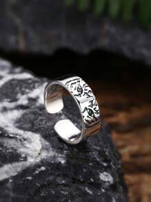 1pc 925 Sterling Silver Vintage Style Green Eye Tiger Head Zirconia Decor Open Ring, Suitable For Everyday Wear For Men