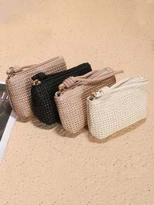1/2/3/4 piezas Monedero de paja tejida para mujer, monedero pequeño portátil de mano con llavero, bolsa de almacenamiento para llaves y tarjetas, cartera pequeña de paja tejida, bolso de mano portátil, portallaves y portatarjetas, bolsa de almacenamiento colgante de mano, cartera para mujer, mini cartera, cartera de muñeca, monedero - Multicolor - Ver 10