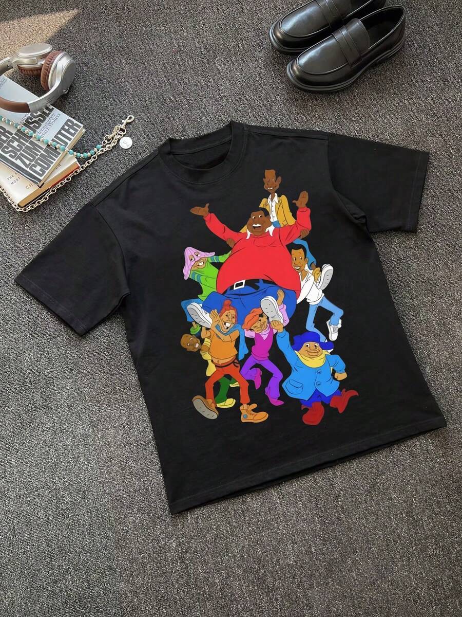 Animated Characters Anime Print Funny Graphic Tee, Casual Soft Short Sleeve Pure Cotton 220g Pattern Printed T-Shirt - 黑色 - 查看 1