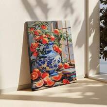 1 pieza Pintura plana 2D, Bodegón naranja, Jarrón de porcelana azul y blanco, Pintura artística sobre lienzo, Regalo ideal para decoración de paredes en dormitorios, salas de estar y pasillos. Posibilidad de marcos. Pósteres modernos, obras de arte y pinturas sobre lienzo para salas de estar, dormitorios y comedores. - Multicolor - Ver 1