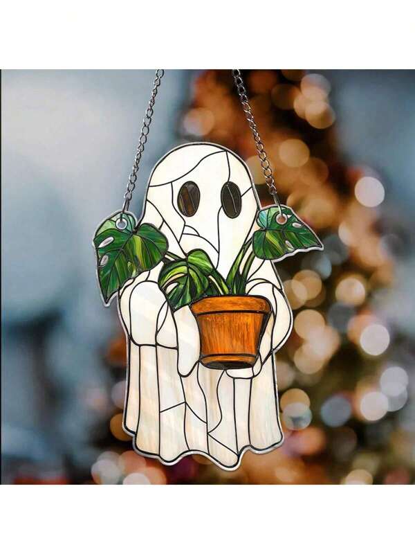 1 pieza Atrapasol fantasma - Decoración colgante para ventana de acrílico teñido, fantasma lindo con adorno de plantas, atrapasol gótico, decoración espeluznante para el hogar, decoración de ventana de Halloween, estética de casa embrujada, adecuado para el hogar, dormitorio, sala de estar, decoración de pared (RETIRE LA PELÍCULA PROTECTORA ANTES DE USAR, HECHO DE ACRÍLICO, NO DE VIDRIO)