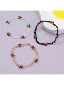 3pcs/Set Colorful Glass Beaded Cherry Blossom Elastic Bracelets, Crystal Cherry Bracelet Set