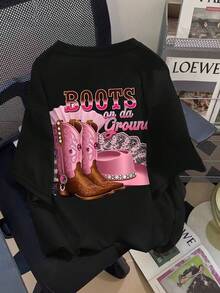 少女复古西部牛仔靴 T 恤，节日图案 T 恤，Y2K 夏季上衣 - 黑色 - 查看 1