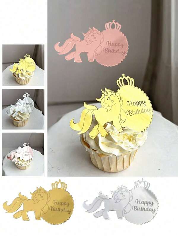 10pcs Acrylic Unicorn "Happy Birthday" Cupcake Toppers, Birthday Party Dessert Baking Cake Decorations, Modern Letter Pattern Cake Decorations, Suitable For Birthday Party Decorations