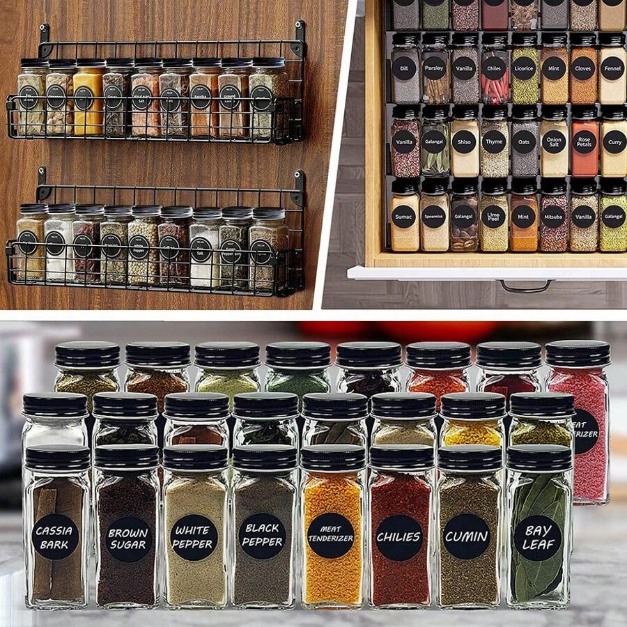COSANSYS 24 Spice Jars With Lids & Labels, 4oz Seasoning Spice Container 4 Spice Jar, 120ml Kitchen Glass Spice Jars Spice Bottles For Home Kitchen Spice, Spice Containers With Hose Brush, Silicone Funnels