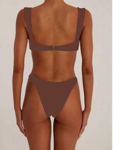 纯色金属环装饰比基尼沙滩泳衣套装