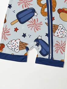Baby Bamboo Fiber Zip-Up, 4th Of July Hot Dog Ice Cream Print Short Sleeve Romper, Summer Knit Fabric Skinny Fit With Zipper Detail, Boy Baby Girl Clothes, Perfect For Outdoor - 淺藍色 - 查看 4