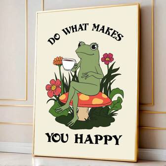 1pc Frameless Do What Makes You Happy Motivational Frog Wall Art Poster Canvas Print Mental Health Therapy Counsellor Office Decor Positive Quote Painting For Dorm,Living Room,Bedroom,Modern Home Decoration