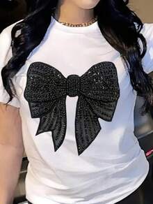 Camiseta de manga corta suelta de algodón estampado para mujeres | París Torre Eiffel y flores estampadas - Blanco - Ver 1