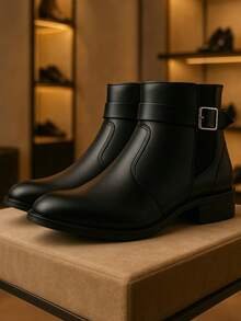MR TRY SHOES Bota Cano Curto Feminina Salto Quadrado Coturno Botina Bico Redondo Preto e Marrom - Preto - Visão 2