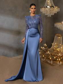Elisanya Váy dạ hội đuôi cá sequin thanh lịch với chân váy satin dài chấm đất | Thiết kế trang trọng thanh lịch sang trọng | Hoàn hảo cho đám cưới, tiệc Gala, sự kiện thảm đỏ và bữa tối trang trọng - Màu xanh bụi bặm - Xem 4