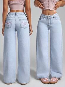 Jeanoix 女士刺绣蝴蝶结水洗牛仔裤