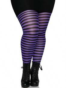 Women's Nylon Striped Tights - 黑色/紫色 - 查看 3