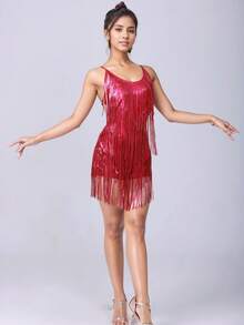 时尚拉丁风格露背连体裤舞蹈服装：饰有流苏，适合舞蹈比赛和节日表演 - 玫紅色 - 查看 3