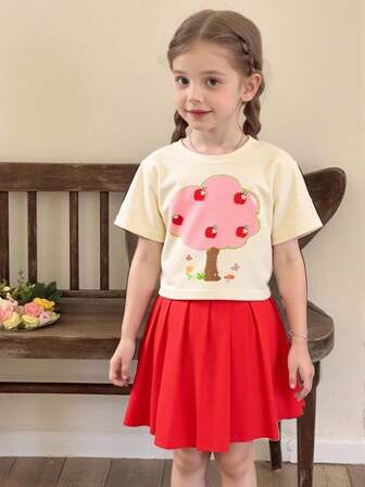 2 件套少女可爱苹果 3D 装饰上衣 + 时尚休闲红色百褶裙套装