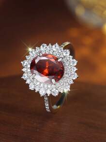 1pc Elegant S925 Silver Red Cubic Zirconia Ring, Luxurious & Personalized Design, Suitable For Wedding, Engagement, Party Wear
