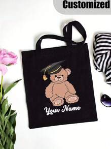 Customized Name Canvas Bag, Customizable Graduation Teddy Bear Handbag - Personalized Name, Cute Animal Design, With Graduation Cap And Diploma, Perfect Graduation Gift For Her Or Him, Personalized Handbag, Customizable Name Or Text