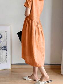 Womens Summer Cotton Linen T Shirt Dress Casual Loose Fit Crewneck Short Sleeve Solid Color Midi Dresses With Pockets - trái cam - Xem 6