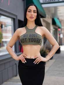 Carolina Barros 夏季字母印花修身短款背心 - 軍綠色 - 查看 2