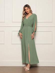 FASHION MIX PREMIUM Elegant Long Dress With Slit Long Sleeves With Tie With V-Neckline And Waist Adjustment Plus Size Women's Fits 38 To 44 - 薄荷綠 - 查看 5