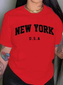 字母印花圆领T恤，休闲宽松短袖夏季T恤上衣，针织面料，适合女士 - 紅色 - 查看 4