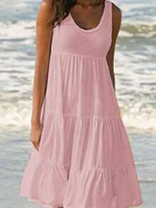 Womens Summer Sundress Boho Casual Tank Dresses Sleeveless Tiered Swing A Line Beach Dress - Hồng - Xem 1