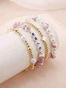 4PCS Fashion New Bohimian Boho Style And Elegant Blue And White Porcelain Faux Pearl Beaded Golden Beaded WWJD(What Would Juses Do) Bracelet Jewelry For Women Men Jesus Bracelets Faith Easter Christian Jewelry Birthday Gift, Anniversary Gift,Christmas Gifts