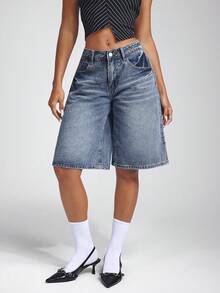 Jeanoix 女式前扣多口袋宽松牛仔短裤、牛仔短裤、休闲日常 - 中等水洗藍 - 查看 4