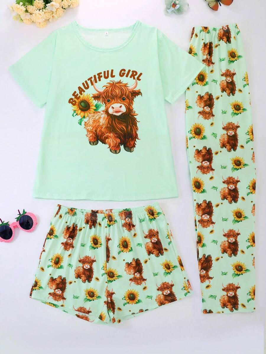 3pcs Women's Sleepwear Set, Short Sleeve Top, Shorts & Long Pants, Crew Neck, Breathable & Comfortable, Loose Fit, Bold Graphic Print, Suitable For All Seasons - Mint Green - View 1