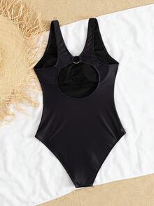 HOT SWIM Heart Letter Slogan Fixed Prints Beautiful Back One-Pieces Swimsuit Summer - Black - View 4