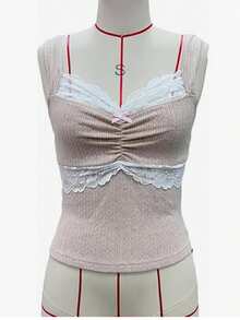 Women Y2K Cute Lace Trim Cami Top Aesthetic Slim Fit Milkmaid Vest Cottage Crop Tank Top Going Out Tops Cute Coquette Clothes - 粉色 - 查看 3