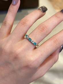 2 件罕见设计帕拉伊巴彩色方晶锆石镶嵌钥匙项链和戒指套装，精致时尚女士珠宝，适合日常、度假、派对，适合送给闺蜜的礼物 - 寶藍色 - 查看 4