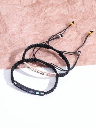 2pcs/Set Couple Bracelets With Cubic Zirconia Crown Letter "His Queen Her King" Design, Fashionable Jewelry