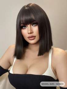 1-Piece Synthetic Heat Resistant Straight Hair Bangs Wig Black Oak 14 Inches Full Machine Weave Daily Natural Realistic Wig