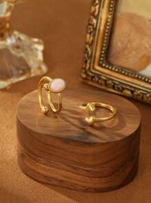2pcs Stainless Steel Plated 18k Gold French Elegant Pink Gemstone, Double Headed Heart Ring Set, Suitable For Daily Wear, Parties, Festivals, Beach Vacations, Gifts Or Collections