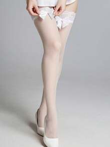 Women Sexy Transparent Thigh High Stockings With Lace Top, Shiny Tight Pantyhose