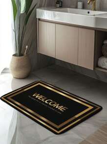 1pc Black Background, Paperclip Border, "Welcome" Pattern Bath Mat, Modern Minimalist Absorbent Non-Slip Bathroom Carpet, Flannel Bathroom Mat With Anti-Slip Backing, Suitable For Entrance, Bedroom, Kitchen, Bathroom Non-Slip Mat, Home Decor Rug