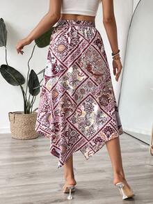 Women's Elegant Long Asymmetric Hem Front Slit Skirt, Bohemian Tie-Waist Design And Paisley Print, High Waist A-Line Skirt, 2025 New Arrival - Color - View 2