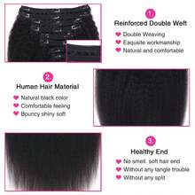 Kinky Straight Clip In Hair Extensions For  Women Full Head Brazilian Virgin Human Hair Natural Black Color,8/Pcs With 18Clips,22 Inch, Kinky Straight - Natural Black - View 4