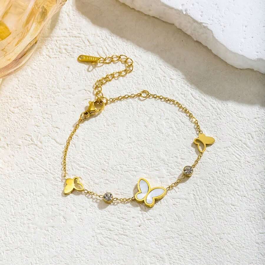New Best-Selling Hollow Fritillary Butterfly Bracelet, 18K Titanium Steel, Three-Dimensional Hollow Diamond, Fashionable Fashion, 17+5CM - 白色 - 查看 1