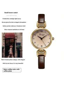 1pc Women's PU Leather Strap Round Digital Small Dial Vintage British Style Niche Luxury Quartz Watch, Suitable For Daily Wear