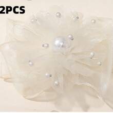 2 Pieces Elegant Black Floral Pearls Detachable Shoe Clips With Ruffle Net Bowknot Twist Design, Suitable For Wedding And Party High Heels, Shoe DIY Accessories